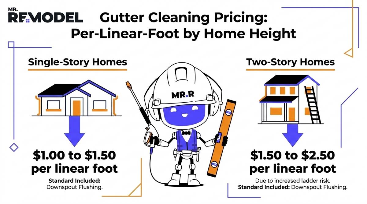 A 2026 gutter cleaning price table comparing single-story ($1.00-$1.50/LF) and two-story ($1.50-$2.50/LF) professional rates.
